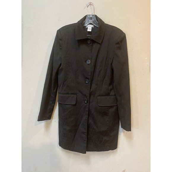 Worthington Women's Black Geometric Print Stretchy Button Up Trench Coat Size 14 - Picture 1 of 15